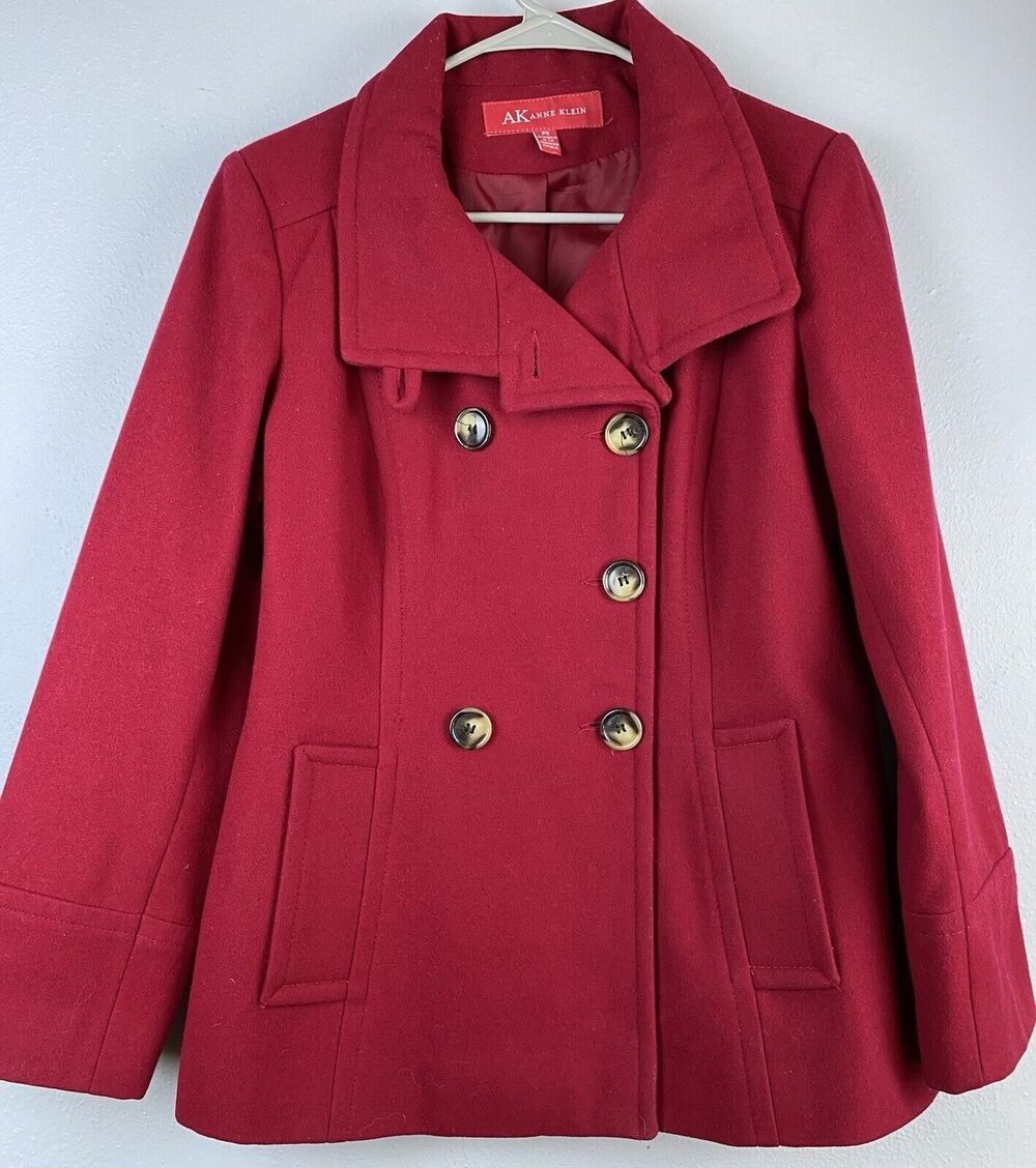 Vtg Anne Klein Sz S Red Dble Brstd Notch Collar Wool Pockets Lined Classic Coat